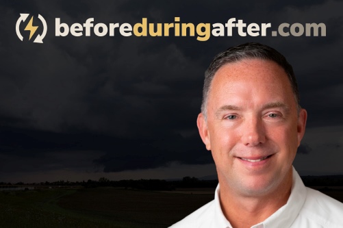 Justen Noakes headhshot with on a black background next to a BeforeDuringAfter logo